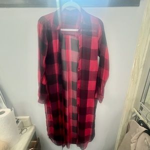 ZARA WOMEN’S CHECKERED PRINT SHEER SHIRTDRESS, SIZE SMALL, RED/BLACK